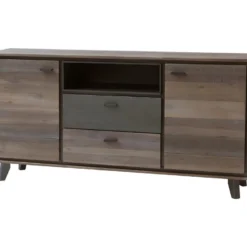 Marla Commode Avec 2 Portes Et 2 Tiroirs, En Bois D'acacia Marron/gris. Livrée Montée.