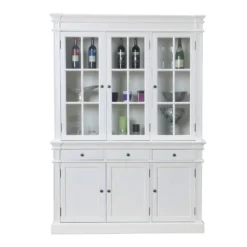 Amaretta Armoire Vitrine 3 Portes, Vieux Blanc, Vintage Patiné, Largeur 142 Cm, Hauteur 200 Cm.
